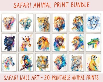 Paquete de 20 estampados de animales de safari para imprimir en acuarela, arte de pared para niños, regalos para niños, decoración de guardería, decoración de habitación infantil de safari, sala de juegos