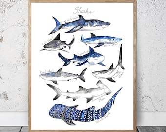 Tiburones de acuarela ARTE IMPRIMIBLE Decoración náutica Tiburones Imprimir Océano Tiburón Cartel Tiburón Decoración de pared Tiburón Playa Decoración Vivero Niños Pintura #2