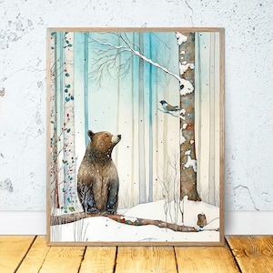 Watercolor Bear PRINTABLE ART Bear Print Bear Art Digital Print Wall Decor Animal Download Bear Gift Bird Wildlife Nature Nursery Wall Art