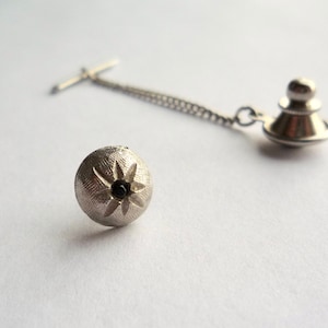 Vintage, textured, silver tone, tie tack with chain