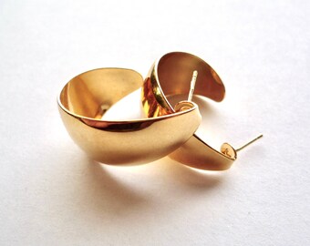 Gold plated wide tapered oval hoop vintage earrings