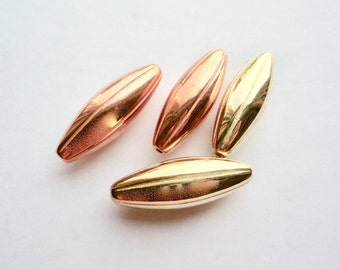 Large vintage copper or gold plated acrylic beads, (15 pieces), 45 x 15 mms metalized plastic pods