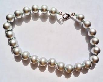 Large Matte Silver Acrylic Pearl Necklace Hand Knotted