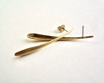 Long brass teardrop post earring with a shiny, matte or antiqued finish
