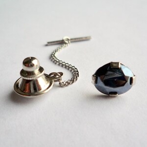Vintage metallic blue rhinestone tie tac with chain