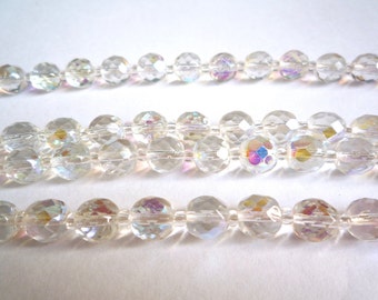 195 clear round faceted glass beads, Long 72 inch strand of 7-8 mm  faceted balls with 2 mm spacer seed beads, Vintage Czech beads