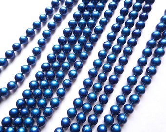 Large blue ball chain necklace, 16 inches with brass spring clasp and 6.5mm balls, Finished vintage metallic blue ball chain