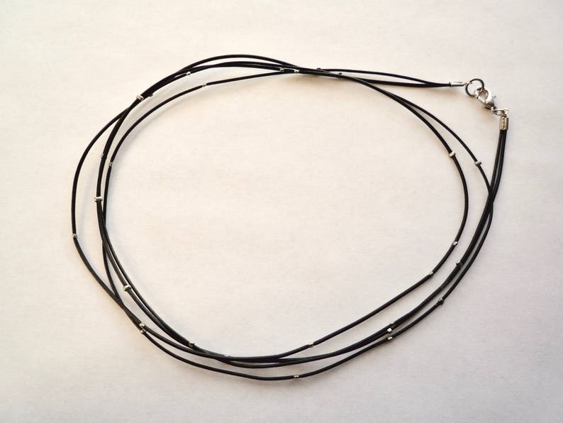 Black Leather Cord Necklace With Silver Toned Crimp Beads, 30 Inch Long
