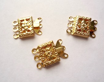 Gold plated brass 3 strand box clasp, 6 pieces of 10 mm (half inch) rectangle filigree clasp