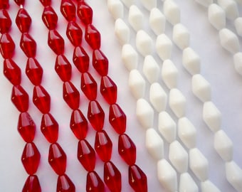 50 long white or red bicone glass beads, 14 x 8 mm vintage Czech beads