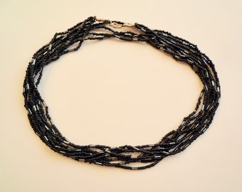 Vintage, black, multi-strand, seed bead necklace, 30 inch long, 4 strand, beaded necklace