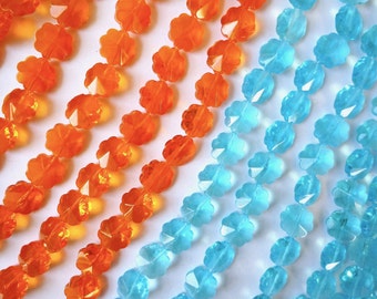 30 blue or orange flower beads, 12 mm faceted glass flower beads, Large side drilled flower beads