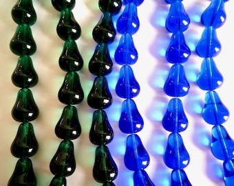 10 large, 18 x 14 mm, unusual pear shaped blue or dark green glass beads, Gourd shaped vertically drilled teardrop vintage glass Czech beads