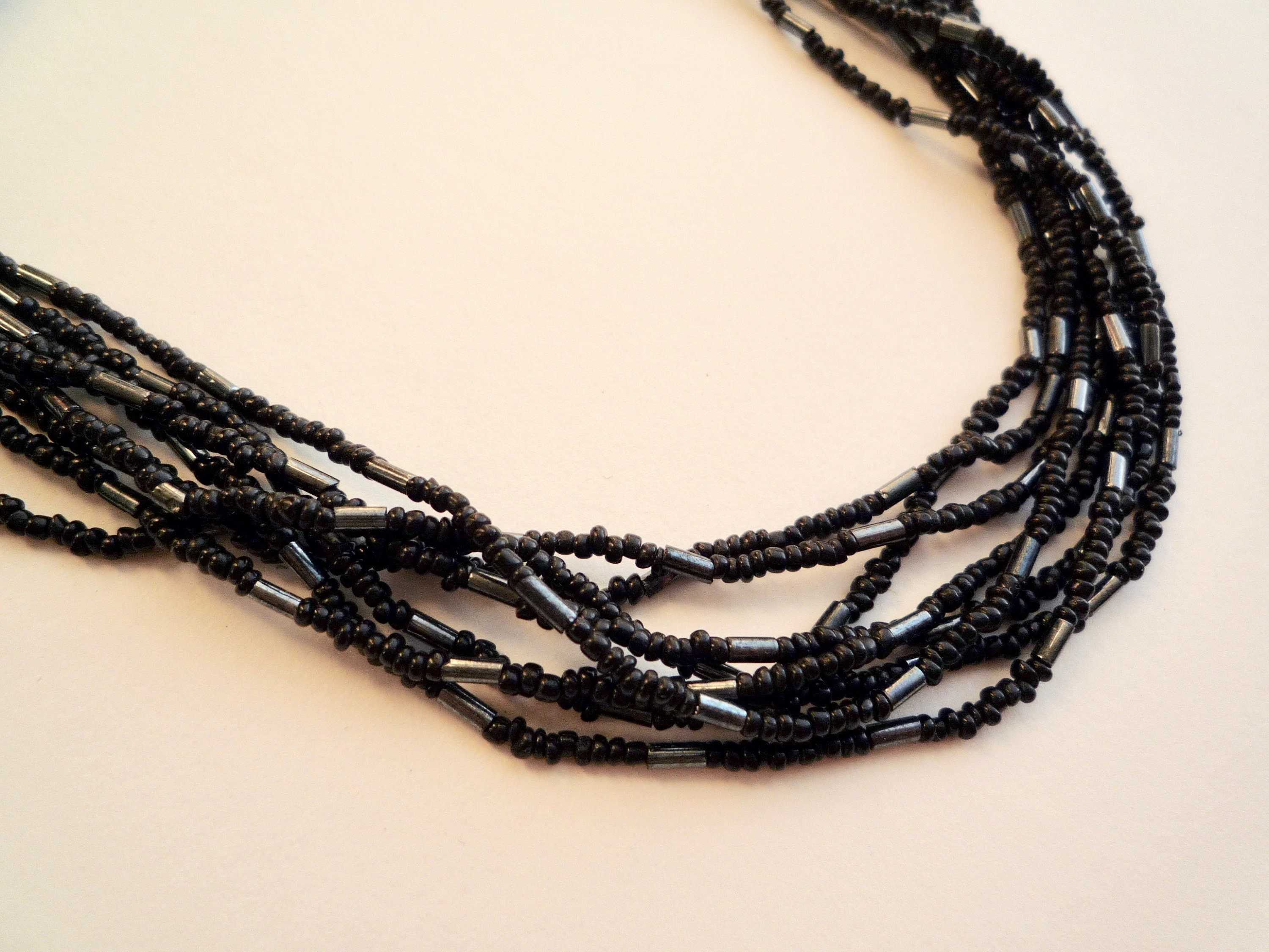 Black Multi-Strand Seed Bead Necklace w/Chunky Brass Accents - Vintage  Renude