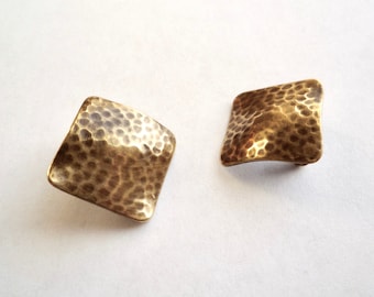 Hammered, brass, square earrings with stainless steel posts