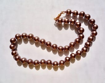 Hand Knotted, Large, Dark Brown, Glass Pearl Necklace