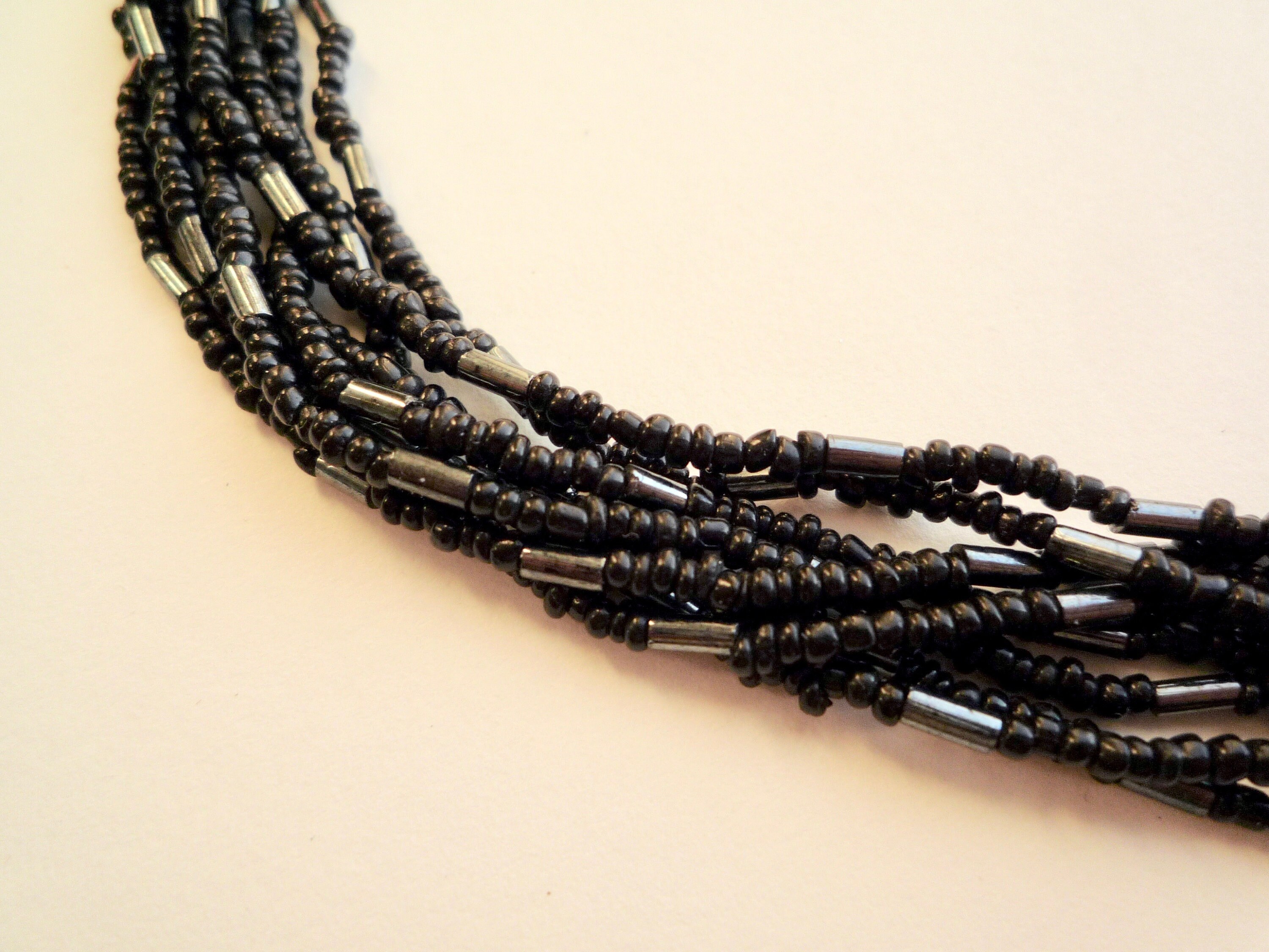 Black Multi-Strand Seed Bead Necklace w/Chunky Brass Accents - Vintage  Renude