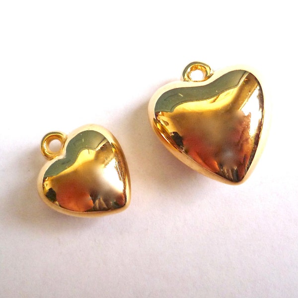 Gold plated acrylic puffy heart charms, 13 pieces of large 20 mm or 20 pieces of small 18 mms, Lucite heart charms