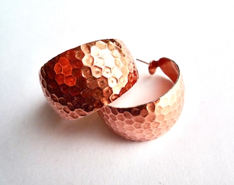 Large, hammered, copper plated steel hoop earrings