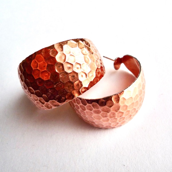 Large, hammered, copper plated steel hoop earrings