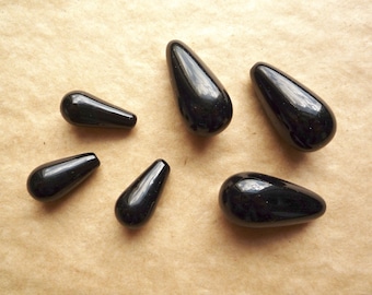 Black vintage glass half drilled teardrop beads, Large 28 mms or small 18 mm pear shaped drops