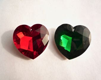 Large acrylic rhinestone heart beads, 5 Red or green 35mm hearts with foil backs, Christmas or Valentine's day decor