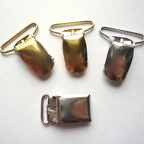 Vintage gold or silver toned plated steel suspender clips, 20 pieces (10 pairs)