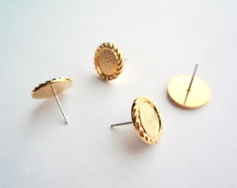 Gold plated post earring frames, 10 (5 pairs) Half inch circle bezel blanks with decorative edge, 9mm cab setting