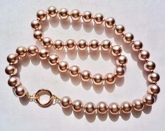 Large Faux Peachy Pink Metallic Pearl Necklace Hand Knotted