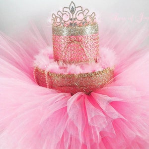 Pink & Gold Diaper Cake Tiara Tutu Beads Feathers Baby Girl Baby Shower Baby Gift Birthday Gift for her