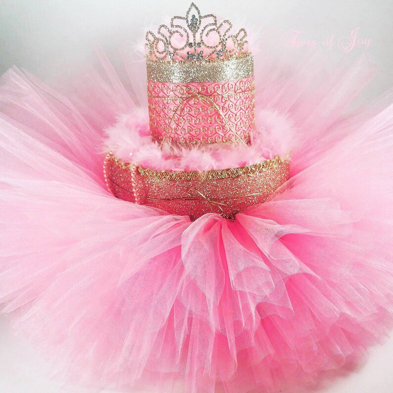 Pink And Gold Diaper Cake Princess Tiara Tutu Feather Boa Baby Image 0
