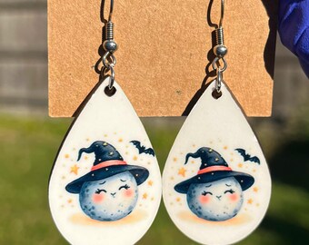 Full Moon Earrings | Witches Hat, Bat Design