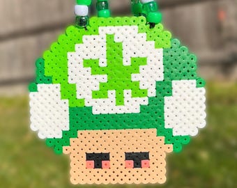 Mario 1-Up Stoner Mushroom Necklace | Rave Festival Perler Beads Kandi Bead Accessory