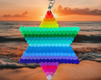 Rainbow Star of David Keychain | Pixel Art Perler Beads Bag Charm Gift