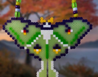 LUNA MOTH NECKLACE | Glow in the Dark Moth | Festival Rave Renaissance Fair Perler Beads Kandi Accessory