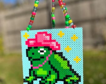 Pink Pony Toad Cowgirl Frog Necklace | Festival Rave Concert Perler Beads Kandi Accessory