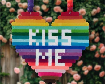 Kiss Me Necklace | Rainbow Heart | LGBTQIA+ Pride Parade Festival Rave Concert Nightclub Kandi Perler Bead Accessory