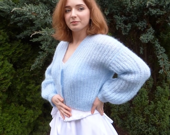 Wedding Sweater.Blue Mohair Sweater. Buttoned Sweater.