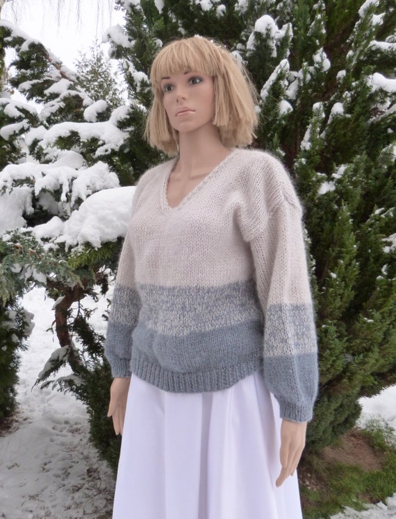 Soft Cozy Oversized Sweater. Sweater in Ivory and Gray Stripes. V Neck Sweater.