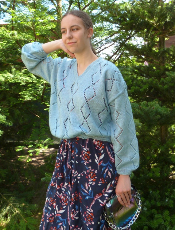 Mint Light Aqua Sweater.hand Knit V 