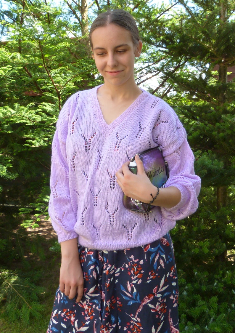 Lilac V Neck Sweater Openwork Sweater. Oversize Hand Knit Sweater