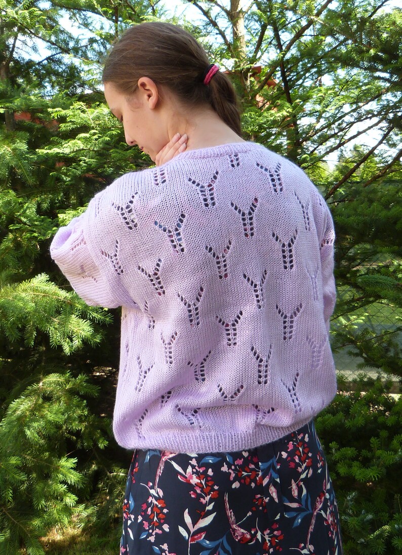 Lilac V Neck Sweater Openwork Sweater. Oversize Hand Knit Sweater