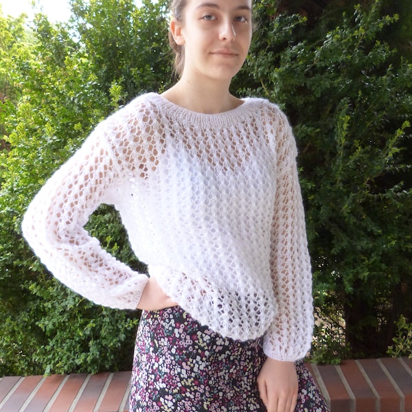 White Buttonhole Sweater.Openwork sweater. Boat Neckline Sweater.