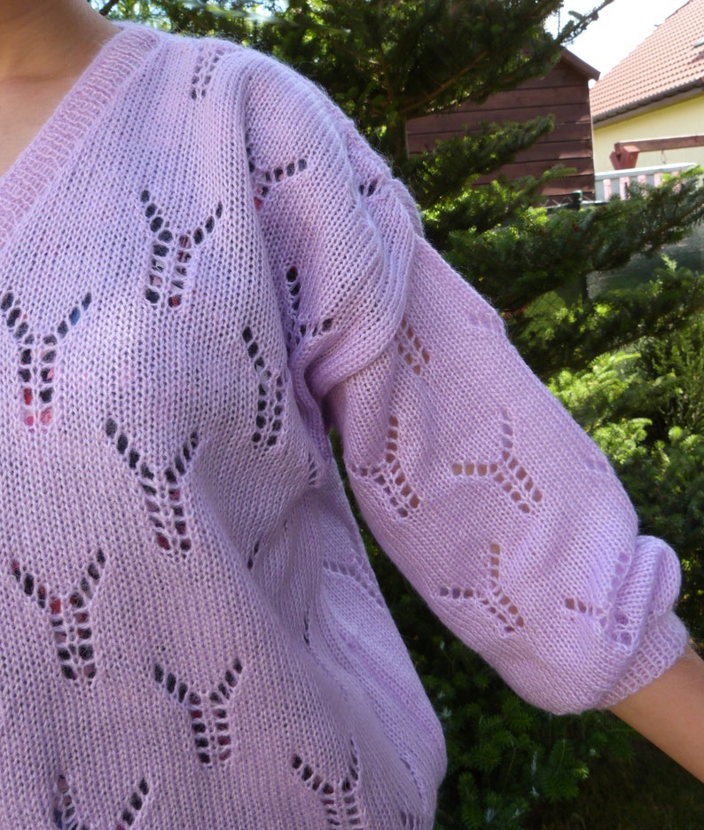Lilac V Neck Sweater Openwork Sweater. Oversize Hand Knit Sweater