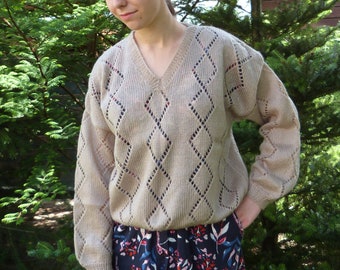 Beige V Neck Sweater. Oversize Hand Knit sweater. Openwork Sweater.