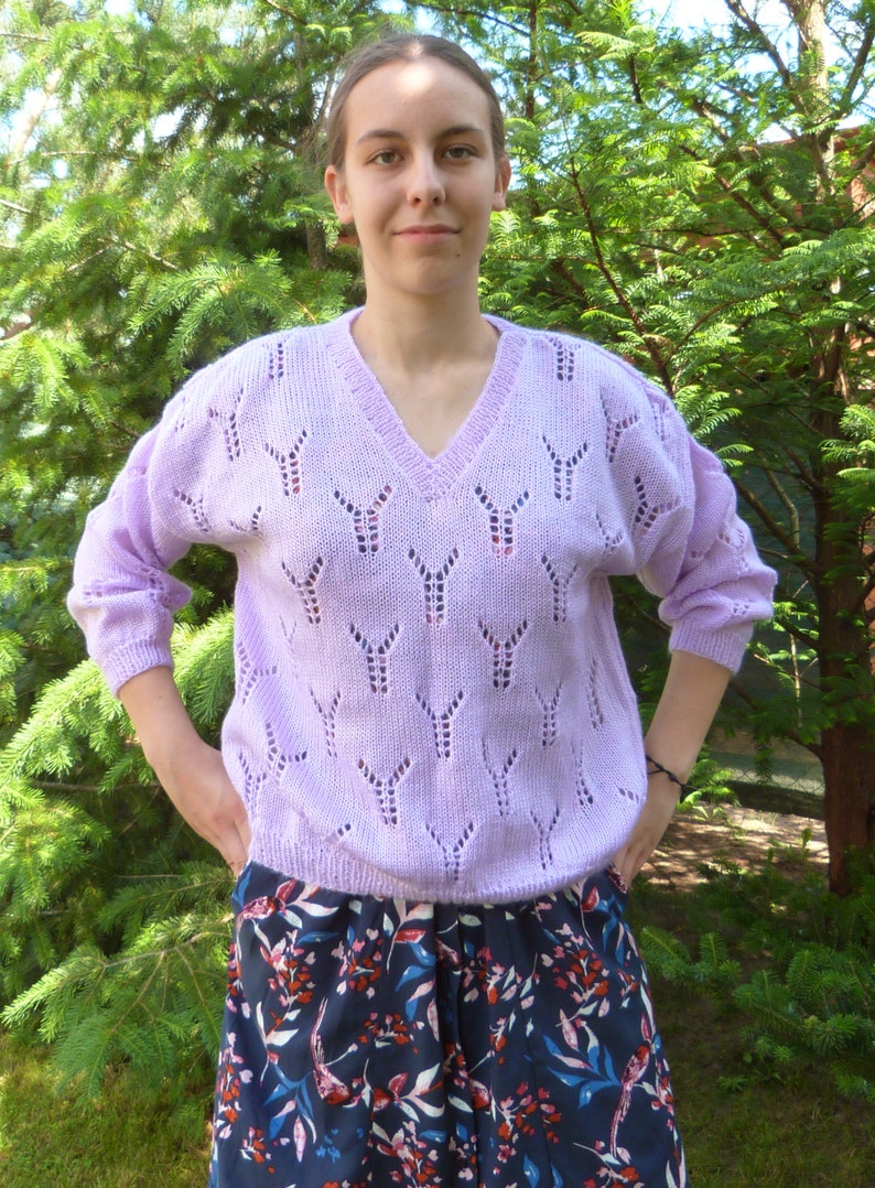 Lilac V Neck Sweater Openwork Sweater. Oversize Hand Knit Sweater