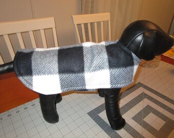 DOG COAT - Fleece Buffalo Check Black and White with Black reverse side.