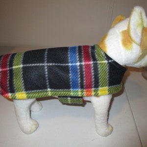 Fleece DOG COAT - Tartan Plaid Red Black Royal with Red reverse side.
