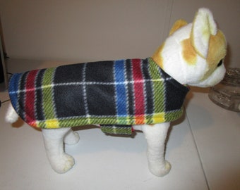 DOG COAT - Fleece Tartan Plaid Red Black Royal with Red reverse side.