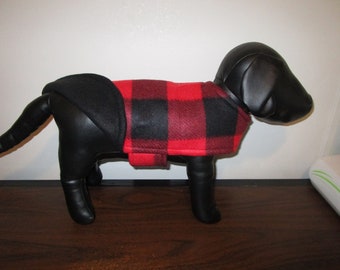 DOG COAT - Fleece Buffalo Check Red Black with BLACK reverse side.